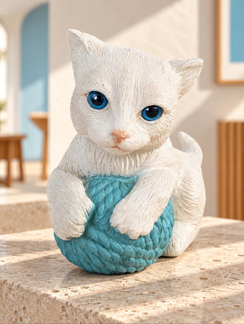 Vintage Universal Statuary #787 White Kitten Cat Blue Yarn Figurine USA 7"
